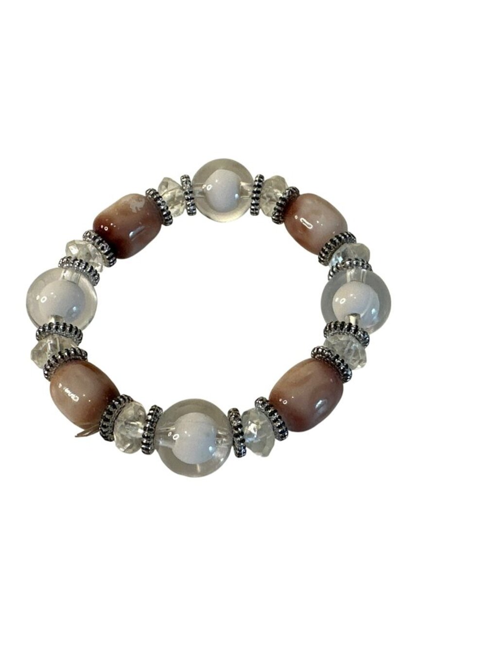 Beaded Stretch Bracelet Clear & Brown Glass Beads Silver Tone Handmade Chunky